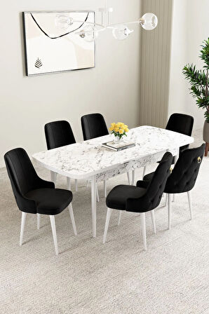 Mabel Beyaz Mermer Desen 80x132 MDF Açılabilir Mutfak Masası Takımı 6  Sandalye