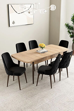 Mabel Meşe Desen 80x132 MDF Açılabilir Mutfak Masası Takımı 6  Sandalye
