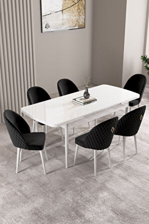 Milas Beyaz 80x132 Açılabilir Mdf Masa Yemek Odası Takımı, Mutfak Takımı 6 Adet Sandalye