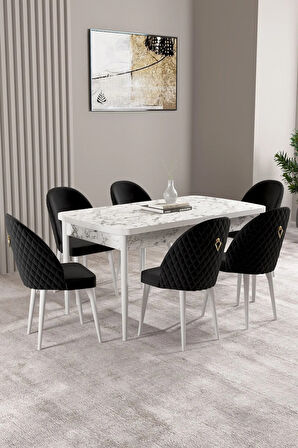 Milas Beyaz Mermer Desen 80x132 MDF Açılabilir Yemek Masası Takımı 6  Sandalye