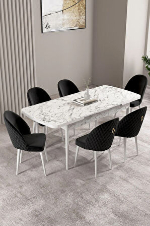 Milas Beyaz Mermer Desen 80x132 MDF Açılabilir Yemek Masası Takımı 6  Sandalye