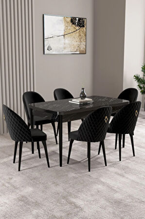Milas Siyah Mermer Desen 80x132 MDF Açılabilir Yemek Masası Takımı 6  Sandalye