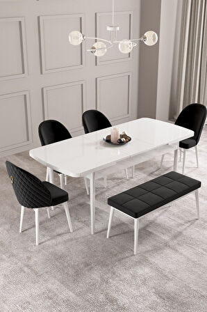 Calvin Beyaz 80x132 Açılabilir Mdf Masa Yemek Odası Takımı, Mutfak Takımı 4 Sandalye, 1 Bench