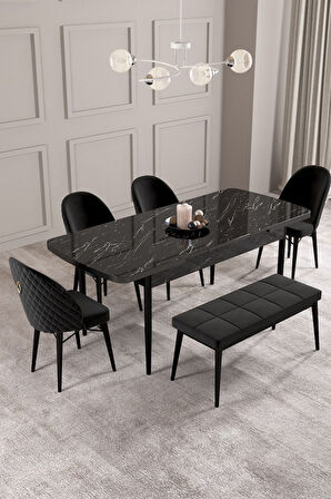 Calvin Siyah Mermer 80x132 Açılabilir Mdf Masa Yemek Odası Takımı, Mutfak Takımı 4 Adet Sandalye, 1 