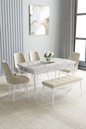 Clara Barok Desen 80x132 Açılabilir Yemek Odası Takımı 4 Sandalye, 1 Bench