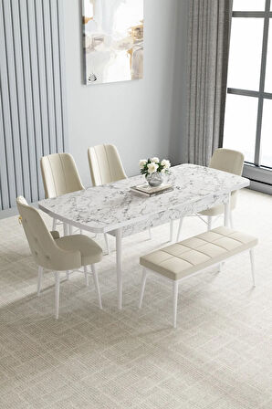 Clara Barok Desen 80x132 Açılabilir Yemek Odası Takımı 4 Sandalye, 1 Bench