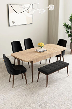 Clara Meşe Desen 80x132 Açılabilir Yemek Odası Takımı 4 Sandalye, 1 Bench