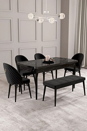 Calvin Siyah Mermer Desen 80x132 MDF Açılabilir Mutfak Masası Takımı 4 Sandalye, 1 Bench