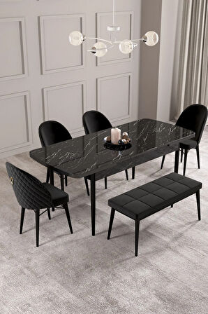 Calvin Siyah Mermer Desen 80x132 MDF Açılabilir Mutfak Masası Takımı 4 Sandalye, 1 Bench