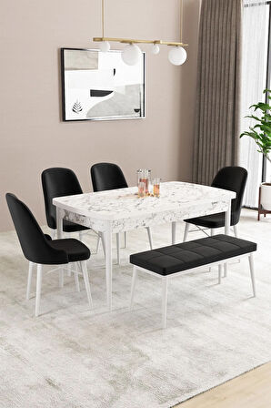 Fonza Beyaz Mermer Desen 80x132 MDF Açılabilir Mutfak Masası Takımı 4 Sandalye , 1 Bench