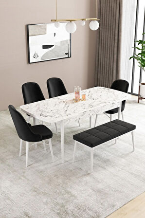 Fonza Beyaz Mermer Desen 80x132 MDF Açılabilir Mutfak Masası Takımı 4 Sandalye , 1 Bench