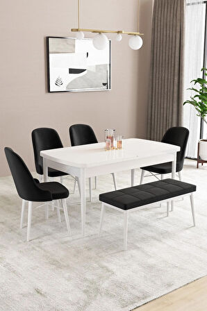 Fonza Beyaz 80x132 MDF Açılabilir Mutfak Masası Takımı 4 Sandalye , 1 Bench