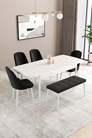 Fonza Beyaz 80x132 MDF Açılabilir Mutfak Masası Takımı 4 Sandalye , 1 Bench