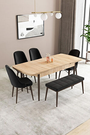 Fonza Meşe Desen 80x132 MDF Açılabilir Mutfak Masası Takımı 4 Sandalye , 1 Bench