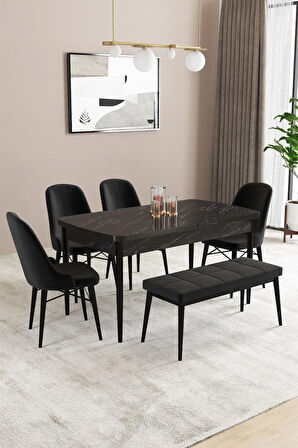 Fonza Siyah Mermer Desen MDF 80x132 MDF Açılabilir Mutfak Masası Takımı 4 Sandalye , 1 Bench