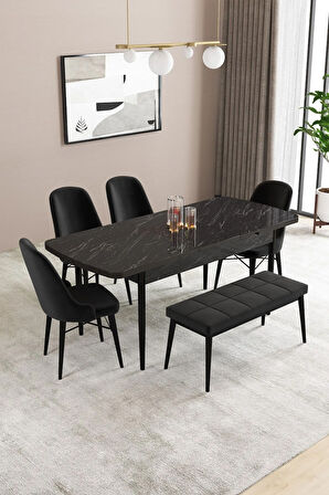Fonza Siyah Mermer Desen MDF 80x132 MDF Açılabilir Mutfak Masası Takımı 4 Sandalye , 1 Bench