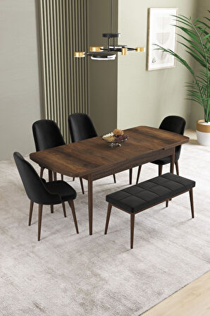 Ikon Barok Desen 80x132 Açılabilir Mdf Masa Yemek Odası Takımı, Mutfak Takımı 4 Sandalye, 1 Bench