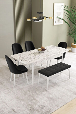Ikon Beyaz Mermer Desen 80x132 MDF Açılabilir Yemek Masası Takımı 4 Sandalye, 1 Bench