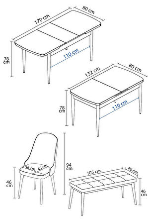 Ikon Meşe Desen 80x132 MDF Açılabilir Mutfak Masası Takımı 4 Sandalye, 1 Bench