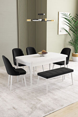 Ikon Beyaz 80x132 Açılabilir Mdf Masa Yemek Odası Takımı, Mutfak Takımı 4 Sandalye, 1 Bench
