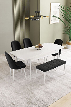 Ikon Beyaz 80x132 Açılabilir Mdf Masa Yemek Odası Takımı, Mutfak Takımı 4 Sandalye, 1 Bench