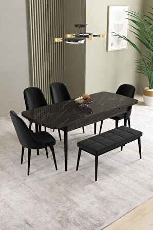 Ikon Siyah Mermer Desen 80x132 MDF Açılabilir Mutfak Masası Takımı 4 Sandalye, 1 Bench