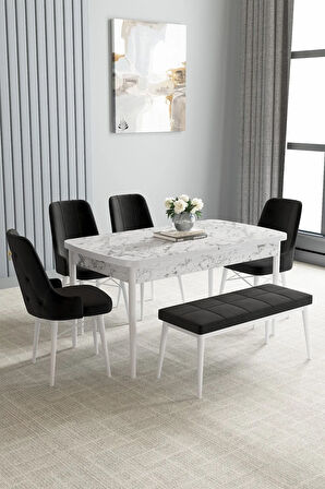 Arvela Beyaz Mermer Desen 80x132 MDF Açılabilir Mutfak Masası Takımı 4 Sandalye, 1 Bench