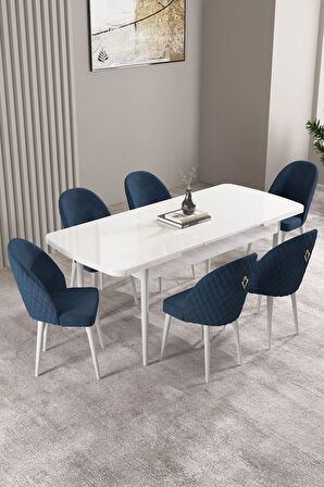 Mabel Beyaz Mermer Desen 80x132 MDF Açılabilir Mutfak Masası Takımı 4 Sandalye 1 Bench