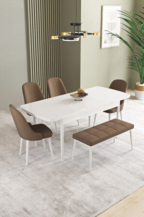 Mabel Siyah Mermer Desen 80x132 MDF Açılabilir Mutfak Masası Takımı 4 Sandalye 1 Bench
