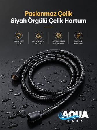 Aqua Sara Paslanmaz Kırılmaz Çelik Örgülü Duş Hortumu 1,5 Metre Siyah