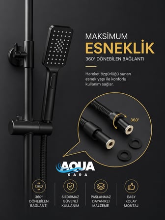 Aqua Sara Paslanmaz Kırılmaz Çelik Örgülü Duş Hortumu 1,5 Metre Siyah