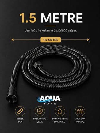 Aqua Sara Paslanmaz Kırılmaz Çelik Örgülü Duş Hortumu 1,5 Metre Siyah