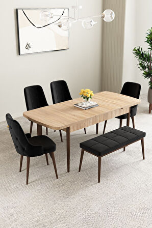 Clara Meşe Desen 80x132 Açılabilir Mdf Masa Yemek Odası Takımı,Mutfak Takımı 4 Sandalye 1 Bench
