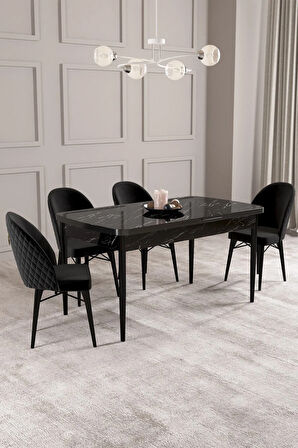 Arya Siyah Mermer Desen 80x132 MDF Açılabilir Mutfak Masası Takımı 4  Sandalye