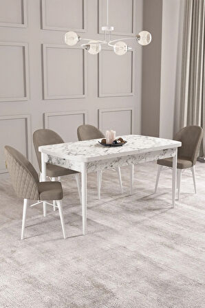 Ashira MDF Beyaz Açılabilir 80x132 Cm 4 Sandalyeli Mutfak Masası Takımı