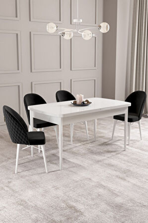 Calvin Beyaz 80x132 Açılabilir Mdf Masa Yemek Odası Takımı, Mutfak Takımı 4 Adet Sandalye