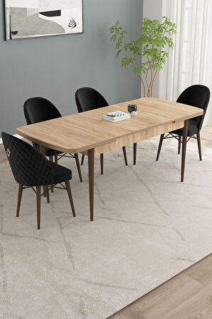 Calvin Meşe Desen 80x132 Açılabilir Mdf Masa Yemek Odası Takımı, Mutfak Takımı 4 Adet Sandalye