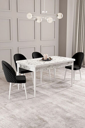 Calvin Beyaz Mermer Desen 80x132 MDF Açılabilir Mutfak Masası Takımı 4  Sandalye