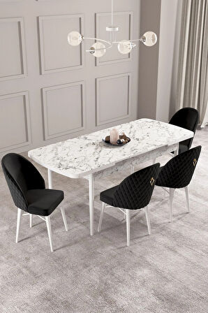 Calvin Beyaz Mermer Desen 80x132 MDF Açılabilir Mutfak Masası Takımı 4  Sandalye