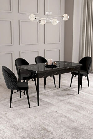 Calvin Siyah Mermer Desen 80x132 MDF Açılabilir Mutfak Masası Takımı 4  Sandalye