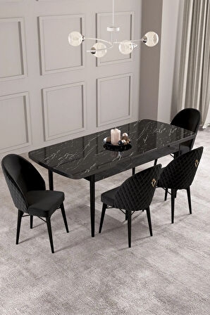 Calvin Siyah Mermer Desen 80x132 MDF Açılabilir Mutfak Masası Takımı 4  Sandalye