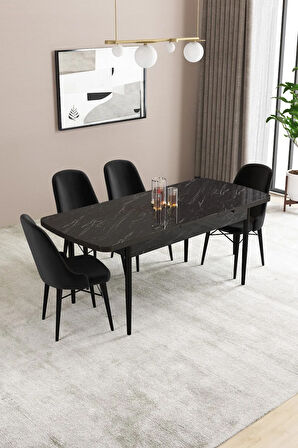 Elizya MDF Siyah Mermer Desenaçılabilir 80x132 Cm 4 Sandalyeli Mutfak Masası Takımı