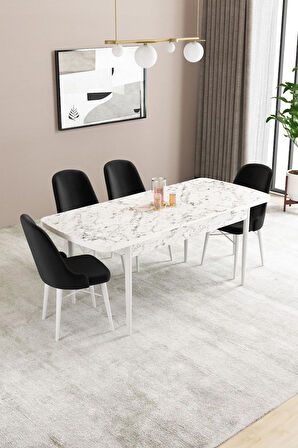 Fonza Beyaz Mermer Desen MDF 80x132 MDF Açılabilir Mutfak Masası Takımı 4  Sandalye