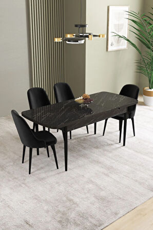Ikon Siyah Mermer Desen 80x132 MDF Açılabilir Mutfak Masası Takımı 4  Sandalye