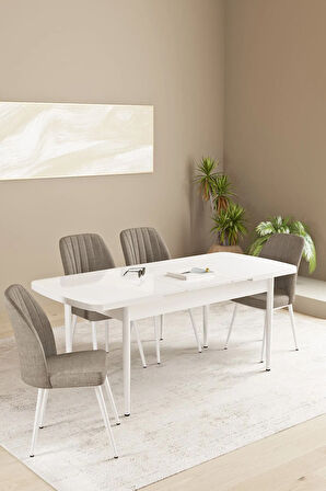 Lima Beyaz Mermer Desen 80x132 MDF Açılabilir Mutfak Masası Takımı 4  Sandalye