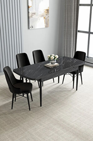 Arvela Siyah Mermer Desen 80x132 MDF Açılabilir Mutfak Masası Takımı 4  Sandalye