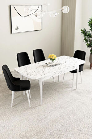 Mabel Beyaz Mermer Desen 80x132 Açılabilir Yemek Odası Takımı 4  Sandalye