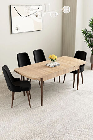 Mabel Meşe Desen 80x132 MDF Açılabilir Mutfak Masası Takımı 4  Sandalye