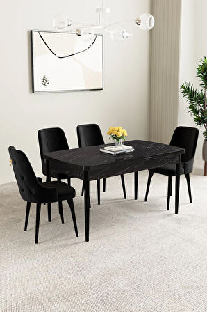 Mabel Siyah Mermer Desen 80x132 MDF Açılabilir Mutfak Masası Takımı 4  Sandalye