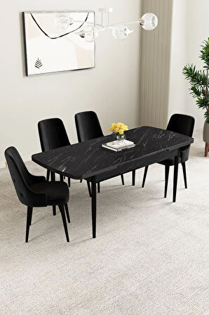 Mabel Siyah Mermer Desen 80x132 MDF Açılabilir Mutfak Masası Takımı 4  Sandalye